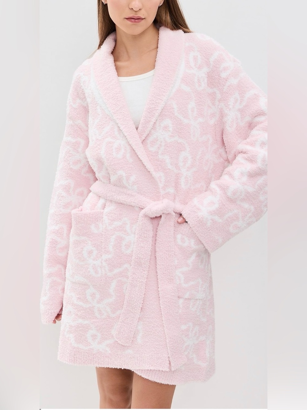 LoveShackFancy Light Pink Plush Shawl-Collar Robe with White Pattern